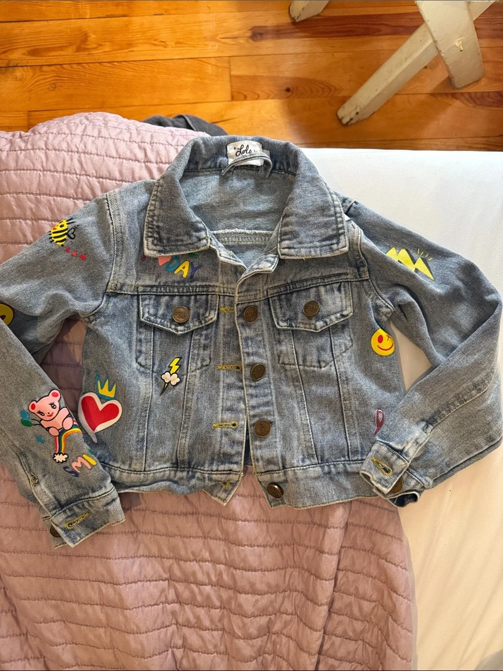 Lola + The Boys Light Blue Denim Jacket with Colorful Patches